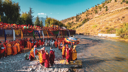 Aerial view of Global Peace Prayer Festival where monks from all over the world came to pray for peace, Thimphu, Thimphu, Bhutan.