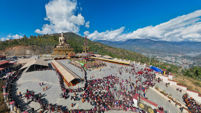 Aerial view of Global Peace Prayer Festival where monks from all over the world came to pray for peace, Thimphu, Thimphu, Bhutan.