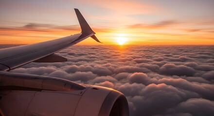 Soaring Above the Clouds A Glimpse from an Airplane Window at Sunset, A Journey into the Horizon