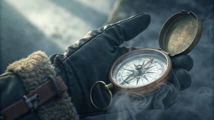 Gloved hand holding open antique compass in foggy outdoors