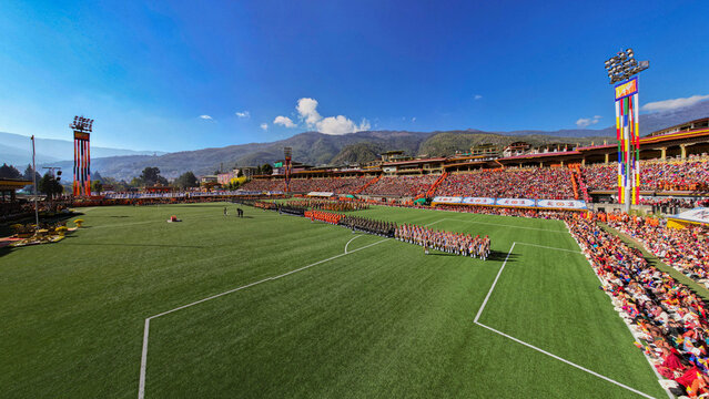 Aerial view of Global Peace Prayer Festival where monks from all over the world came to pray for peace, Thimphu, Thimphu, Bhutan.