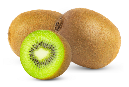 Ripe fresh green kiwi fruit and half isolated. Kiwis and half of kiwi with clipping path.