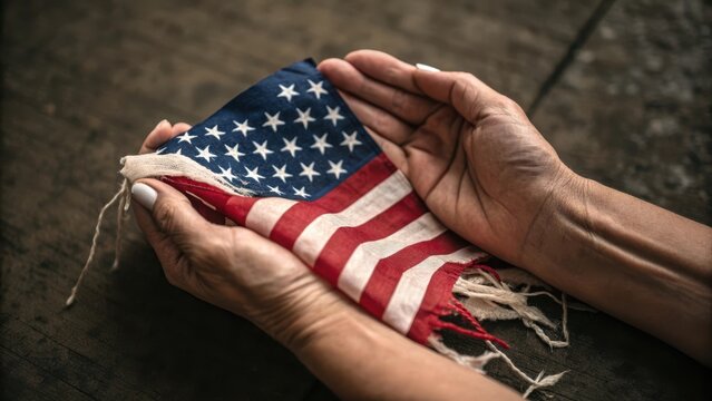Hands cupping a torn American flag for support and reflection