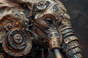 Fototapeta premium Mechanical elephant head with copper and bronze details, showing gears, cogs, pipes and rivets in a steampunk style