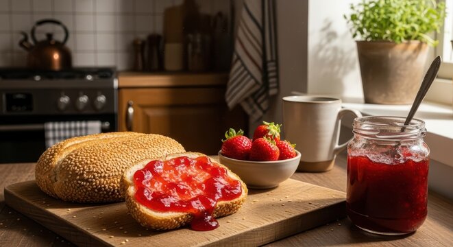 Breakfast scene with bread, jam, strawberries - Powered by Adobe
