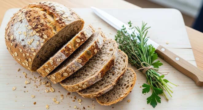 Freshly baked whole grain bread, sliced