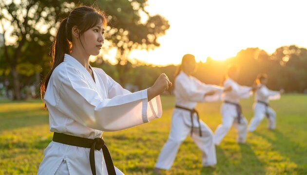 Group practicing martial arts outside in golden sunlight on grassy field, focused woman in the foreground
