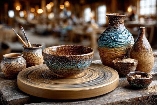 Clay pottery on spinning wheel in workshop