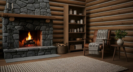 Cozy log cabin living room interior with a roaring stone fireplace, leather armchair with blanket, wooden wall beams, and rustic shelving.