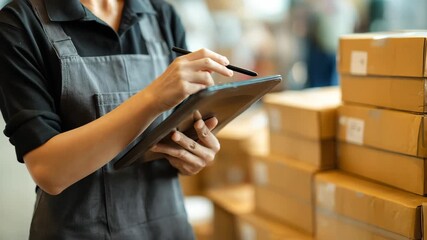 Worker checks shipment details on tablet while standing near stacked boxes in a busy warehouse environment - Powered by Adobe