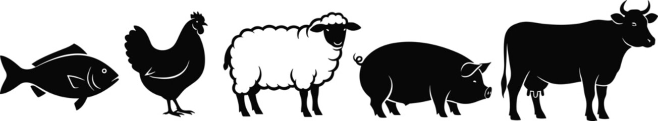 Farm animal silhouette collection, fish chicken sheep pig cow set, detailed black vector illustration for agriculture, livestock, rural, farming design