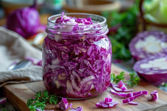 Glass jar holding vibrant fermented red cabbage, embodying healthy probiotic food preservation