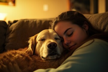 Girl sleeping with golden retriever on cozy couch