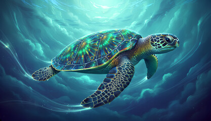 Fototapeta premium Vibrant fantasy sea turtle swimming through glowing teal waters, detailed shell patterns, luminous light trails, and magical underwater atmosphere. Colorful, surreal, and high-detail illustration.