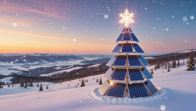 Bright Sunlit Solar Tree Standing in Winter Snow