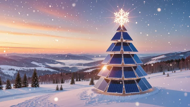 Solar Holiday Tree under Falling Snowflakes
