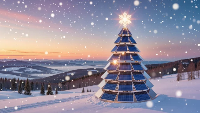 Solar Panel Christmas Tree in a Snowy Landscape