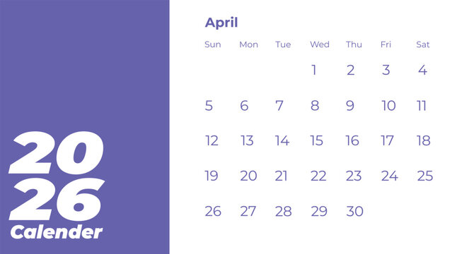 April 2026 Calendar Page with Dates and Days of the Week.