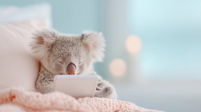 Sleepy koala with a tablet creates a cute digital concept focused on technology, relaxation and modern lifestyle. The soft animal portrait highlights emotional appeal for advertising, family content