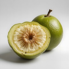 “Half Cut Amla Fruit Showing Inner Texture on White”. amla fruit