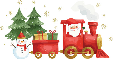 Santa claus driving a festive red christmas train with snowman and gifts illustration