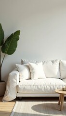 Crisp white linen sofa, minimalist living room, clean lines, luxury