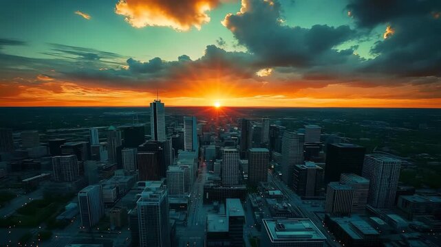 Aerial view of a modern city skyline at sunset with sunburst through clouds skyscrapers