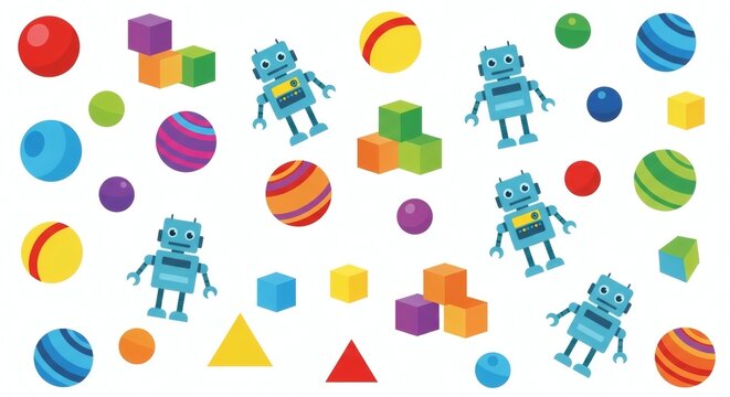 Colorful illustration of toys and robots scattered on a white background. - Powered by Adobe