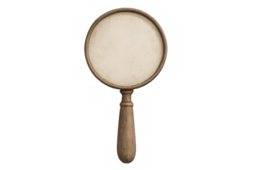 Vintage magnifying glass with wooden handle for investigation, search, discovery, and exploration, transparent background