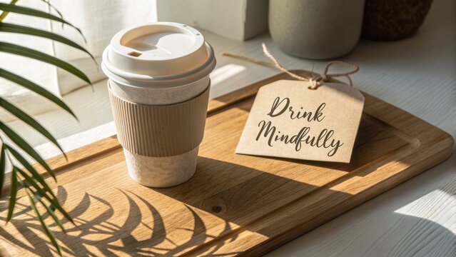 Reusable coffee cup and tag saying Drink Mindfully on a wooden board