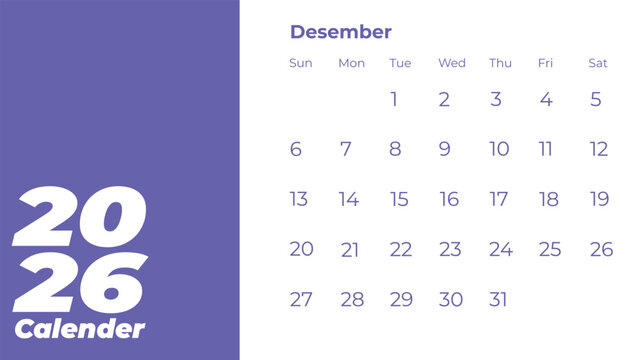 December 2026 Calendar Displaying Dates and Days of the Week.