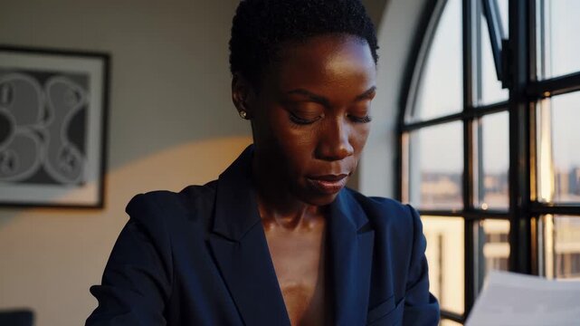 Woman contemplates future in office. Businesswoman stands by window and looks thoughtful. Portrait shows serious professional and executive presence. Window light and reflection create calm soft mood.