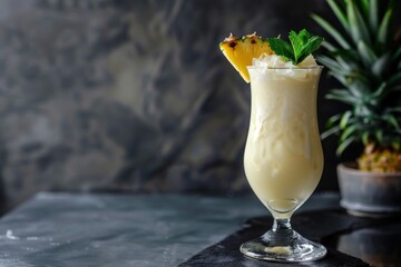Creamy, tropical pina colada cocktail garnished with fresh pineapple and mint, served in a hurricane glass