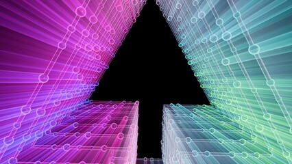 Futuristic Neon Blue and Purple Arrow Tunnel, Abstract Glowing Dotted Geometric Portal Background for Technology and Christmas.