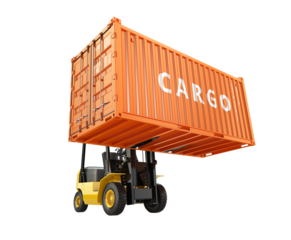 Cargo Container Transportation: A sturdy forklift effortlessly lifts an orange cargo container, its exterior boldly displaying CARGO.