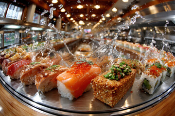 Sushi Platter with Water Splashing in Restaurant
