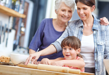 Baking, happy and generations in house with roller, family and support in learning to cook. Grandma, mother and child in kitchen with dessert tool, bonding or communication for childhood development.