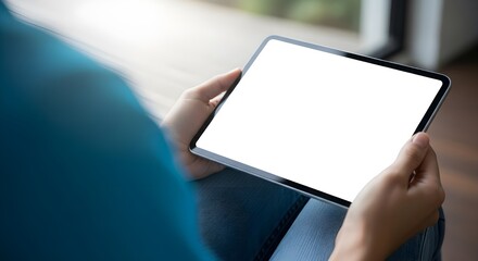 A business professional is holding a blank digital tablet screen with their hand