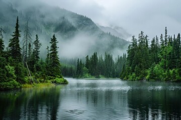 Evergreen forest reflecting in a mountain lake during a rainy and foggy day