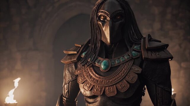 Masked plague doctor stands in hall. Hooded figure wears armor and beak mask. Torchlight frames dark stone chamber. Mysterious knight evokes ritual lore. Closeup reveals carved collar and amulet.