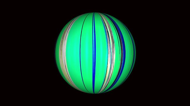 Rotating sphere with glowing green and blue vertical stripe patterns.