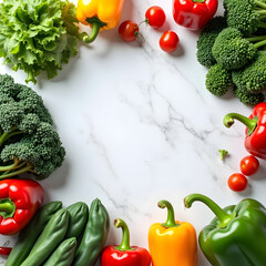 fresh vegetables on a marble surface. The vegetables include broccoli, peppers, lettuce, cucumbers, and tomatoes.