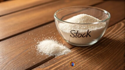 Transparent bowl of sugar labeled Stock on wooden surface