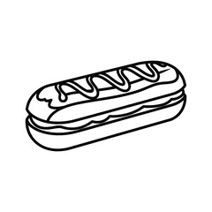 A simple line art icon depicting a hotdog with sauce, representing fast food or a snack