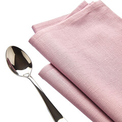 A Shiny Metal Spoon Rests Beside a Folded Textured Pink Cloth Napkin on a Transparent Background Showing Fabric Detail