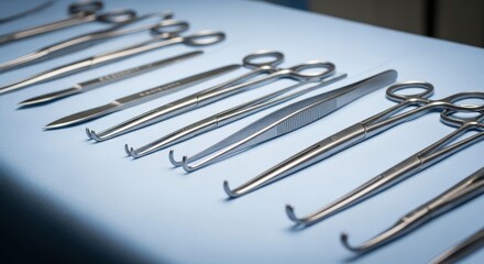 Sterile Surgical Instruments Lined Up for Operation.