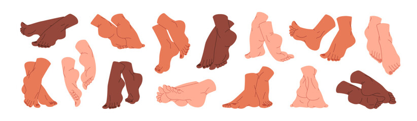 Bare feet set. Barefoot men and women. Naked foot with toes in different poses and postures. Beauty and SPA procedure to care about legs, body. Flat isolated vector illustrations on white background