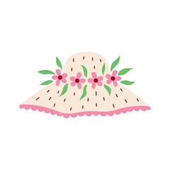 Woven Hat with Flowers and Leaves Illustration. Straw Headwear with botanical wreath and curly lace. Sun protection Feminine style. Hand drawn flat vector