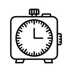 Black and white line art icon of a classic square alarm clock with a dial and hands, representing time