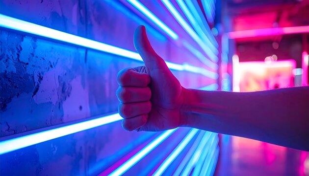 Hand gives thumbs up against a wall lined with horizontal neon lights alternating blue and pink colors